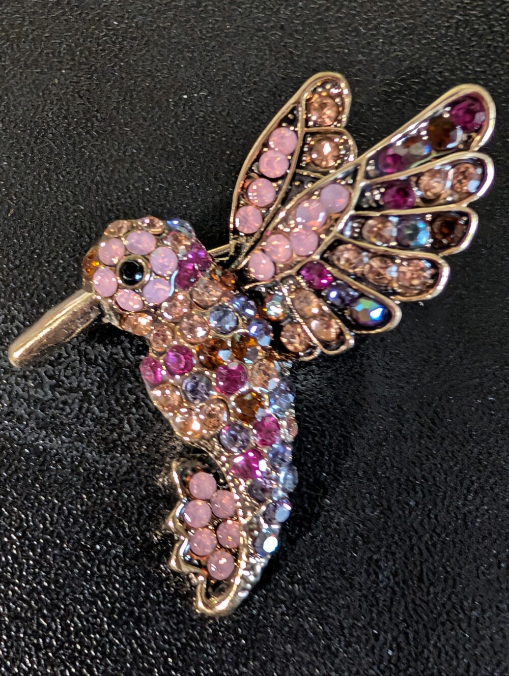 Pink Opalite Hummingbird Brooch Multicolor Rhinestone Crystal Bird Pin Gold Tone